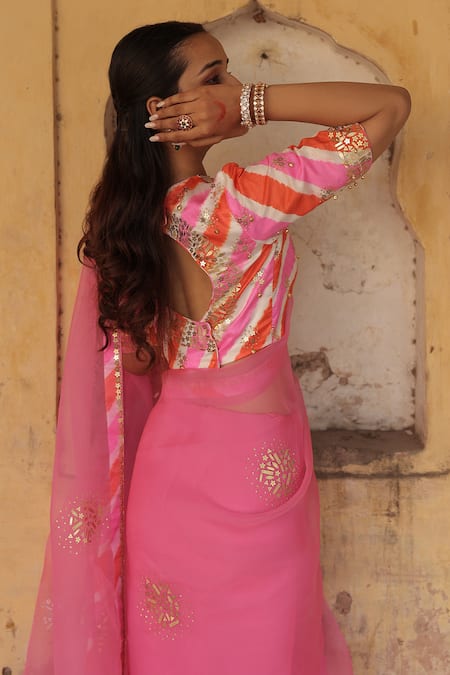 Meher By Islie Hand Embroidered Leheriya Kora Saree Set 