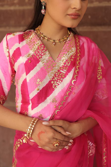 Meher By Islie Hot Pink Hand Embroidered Saree Set 