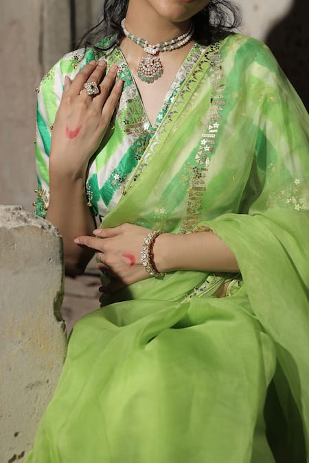 Meher By Islie Green Hand Embroidered Saree & Blouse Set 