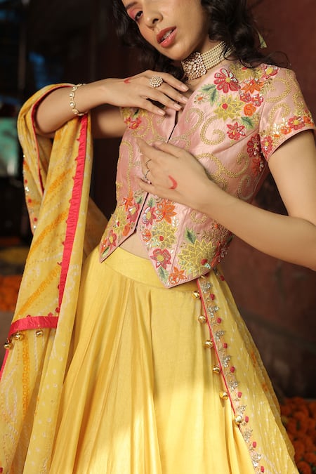 Meher By Islie Peach Mustard Yellow Embroidered Jacket Lehenga Set 