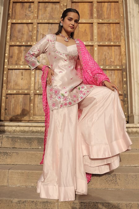 Meher By Islie Pink Silk, Georgette Embroidery Square Neck Hand Kurta Sharara Set 