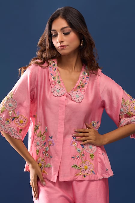 Samyukta Singhania_Pink Chanderi Embroidery Collared Pant Co-ord Set _Online_at_Aza_Fashions