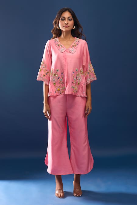 Buy_Samyukta Singhania_Pink Chanderi Embroidery Collared Pant Co-ord Set _Online_at_Aza_Fashions