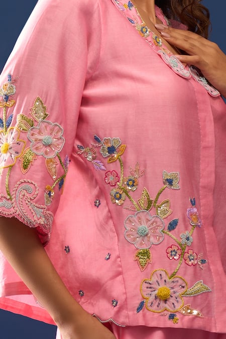 Shop_Samyukta Singhania_Pink Chanderi Embroidery Collared Pant Co-ord Set _Online_at_Aza_Fashions