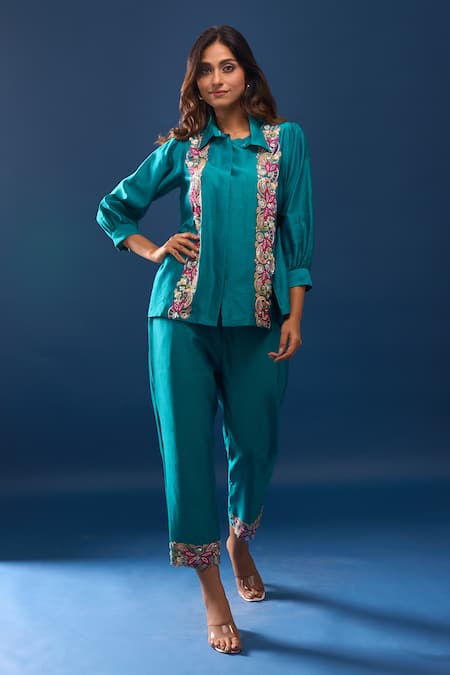 Samyukta Singhania Turquoise Green Chanderi Pant Set 
