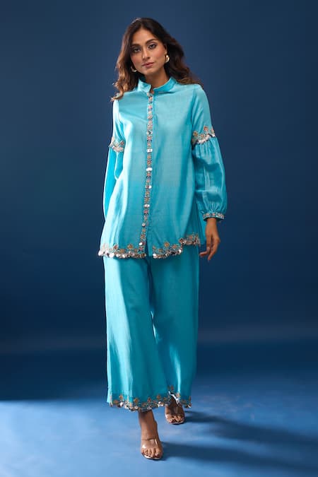 Samyukta Singhania Sky Blue Chanderi Pant Co-ord Set 