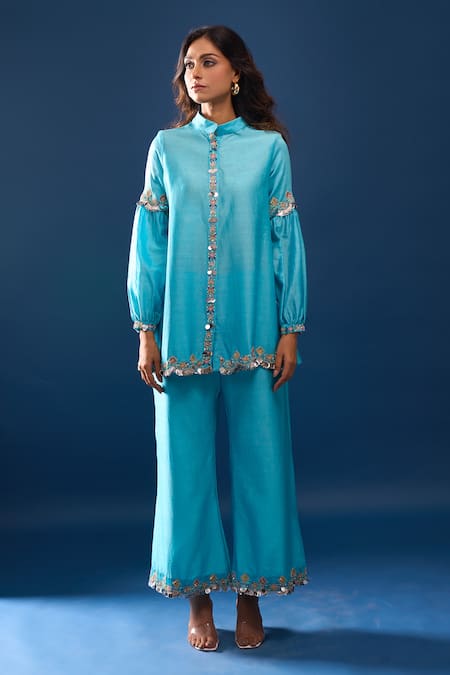 Samyukta Singhania_Sky Blue Chanderi Embroidery Mandarin Collar Pant Co-ord Set _Online_at_Aza_Fashions
