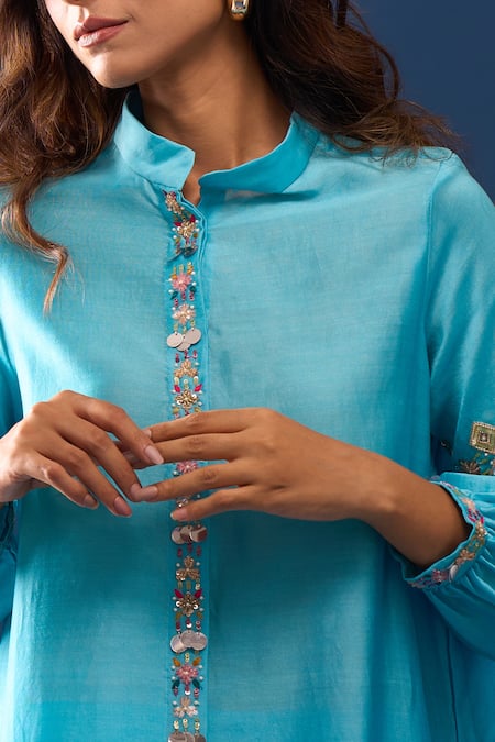 Buy_Samyukta Singhania_Sky Blue Chanderi Embroidery Mandarin Collar Pant Co-ord Set _Online_at_Aza_Fashions