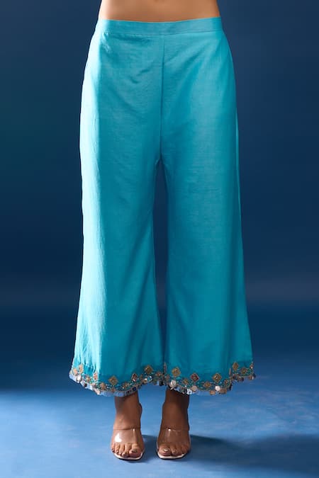 Shop_Samyukta Singhania_Sky Blue Chanderi Embroidery Mandarin Collar Pant Co-ord Set _Online_at_Aza_Fashions