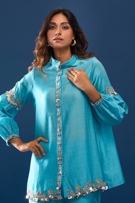 Samyukta Singhania_Sky Blue Chanderi Embroidery Mandarin Collar Pant Co-ord Set _at_Aza_Fashions