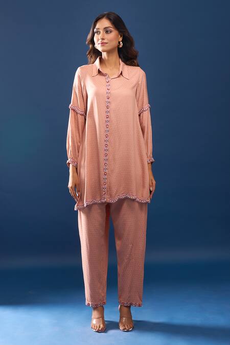 Samyukta Singhania_Peach Cotton Collared Pant Co-ord Set _Online_at_Aza_Fashions