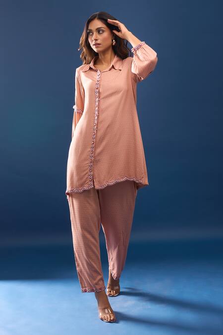 Buy_Samyukta Singhania_Peach Cotton Collared Pant Co-ord Set _Online_at_Aza_Fashions