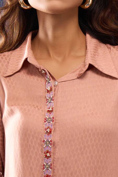 Shop_Samyukta Singhania_Peach Cotton Collared Pant Co-ord Set _Online_at_Aza_Fashions