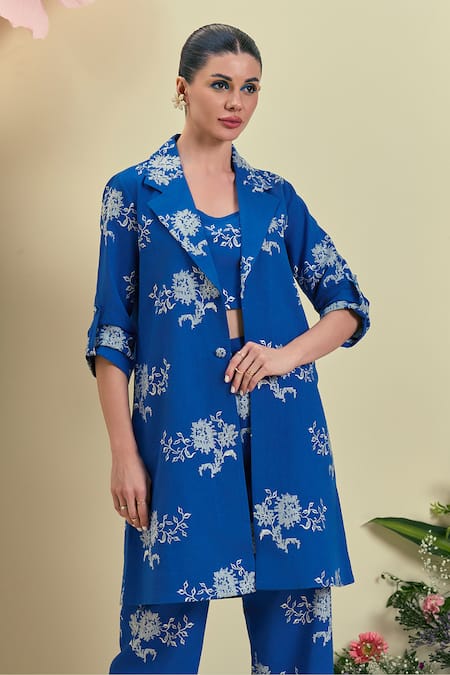 Buy_Origani_Blue Linen Embroidery Collared, Round Neck Thread Jacket Set _Online_at_Aza_Fashions