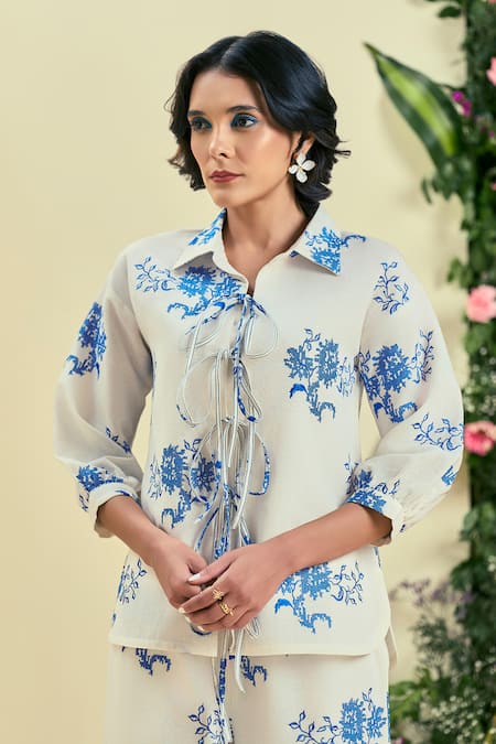 Origani Off White Linen Embroidery Collared Thread Shirt 