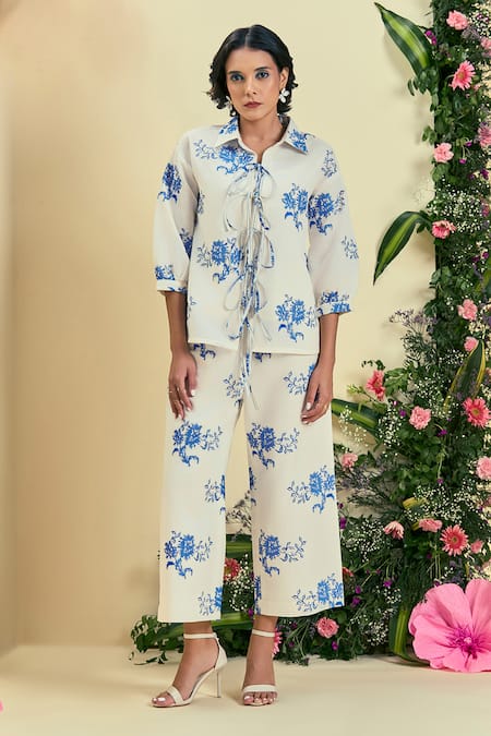 Buy_Origani_Off White Linen Embroidery Collared Thread Shirt _Online_at_Aza_Fashions