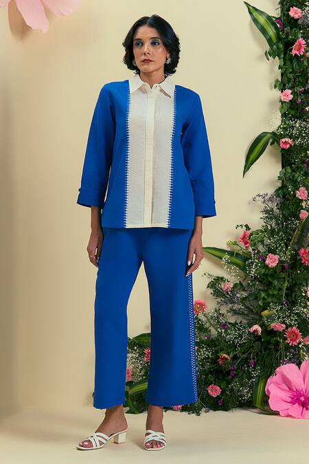 Origani_Off White Linen Embroidery Collared Blue And Thread Set _at_Aza_Fashions