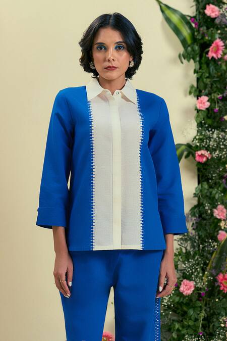 Buy_Origani_Off White Linen Embroidery Collared Blue And Thread Set _Online_at_Aza_Fashions