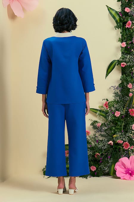 Origani Blue & Off White Thread Embroidered Shirt 