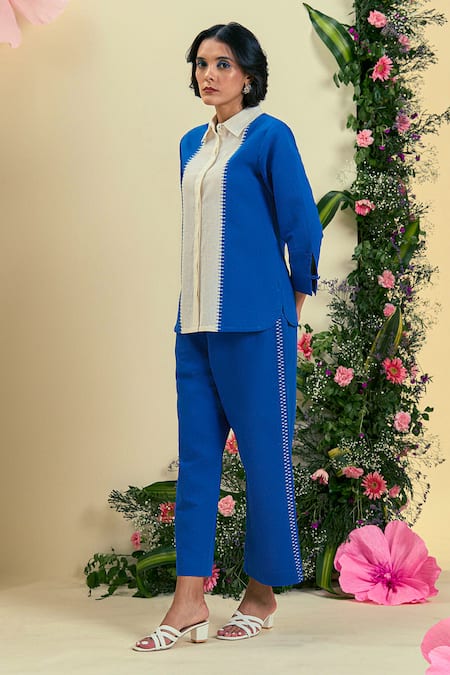 Origani_Blue Linen Embroidery Thread Pant _Online_at_Aza_Fashions