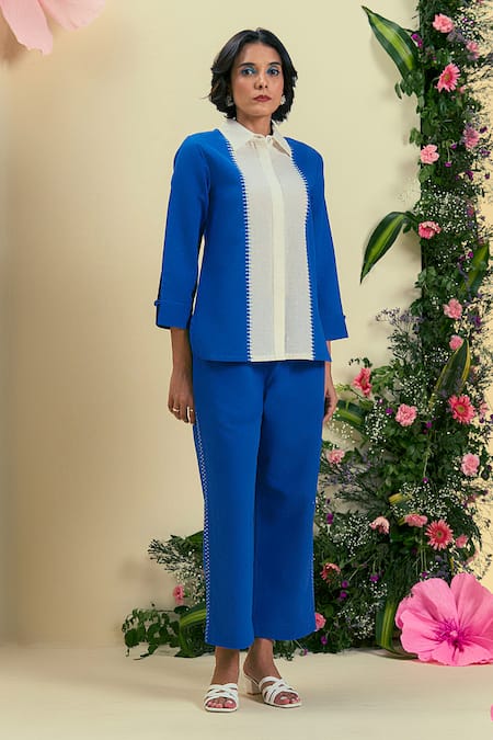 Buy_Origani_Blue Linen Embroidery Thread Pant _Online_at_Aza_Fashions