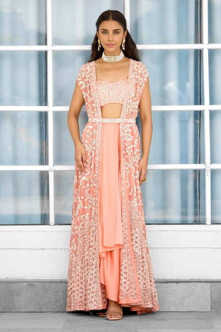 Buy SHASHA GABA Peach Satin, Net Embroidery Open , Sweetheart Cape And Dhoti Skirt Set Online at Aza Fashions Buy_SHASHA GABA_Peach Satin, Net Embroidery Open , Sweetheart Cape And Dhoti Skirt Set _Online_at_Aza_Fashions