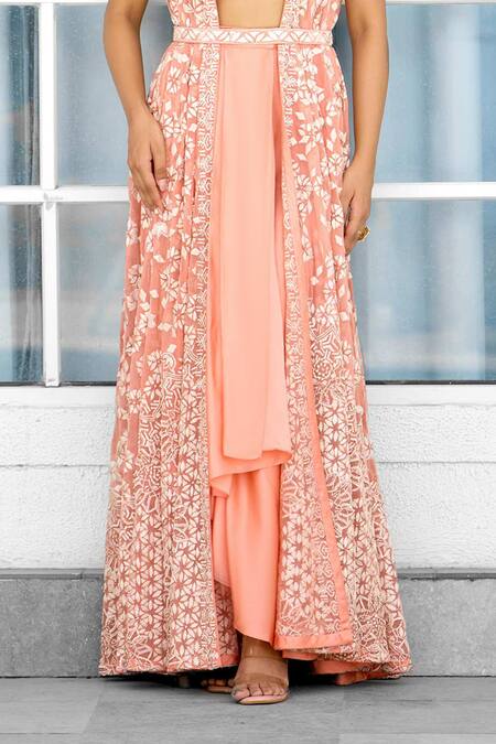 Shop SHASHA GABA Peach Satin, Net Embroidery Open , Sweetheart Cape And Dhoti Skirt Set Online at Aza Fashions Shop_SHASHA GABA_Peach Satin, Net Embroidery Open , Sweetheart Cape And Dhoti Skirt Set _Online_at_Aza_Fashions