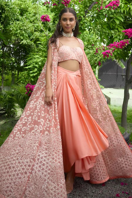 SHASHA GABA Peach Satin, Net Embroidery Open , Sweetheart Cape And Dhoti Skirt Set 