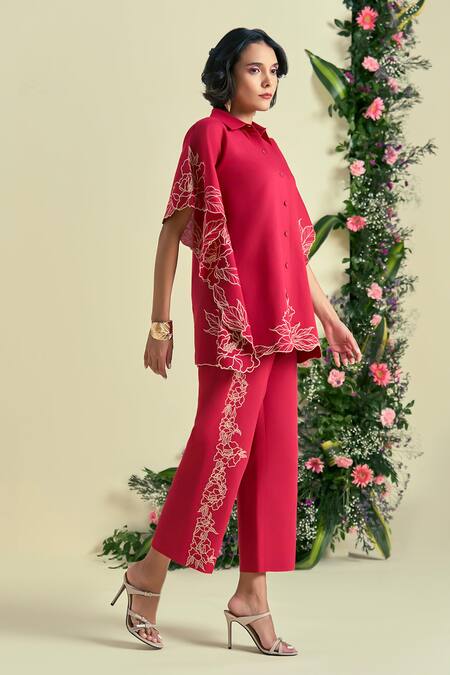 Shop_Origani_Red Linen Embroidery Collared Thread Shirt And Pant Set 