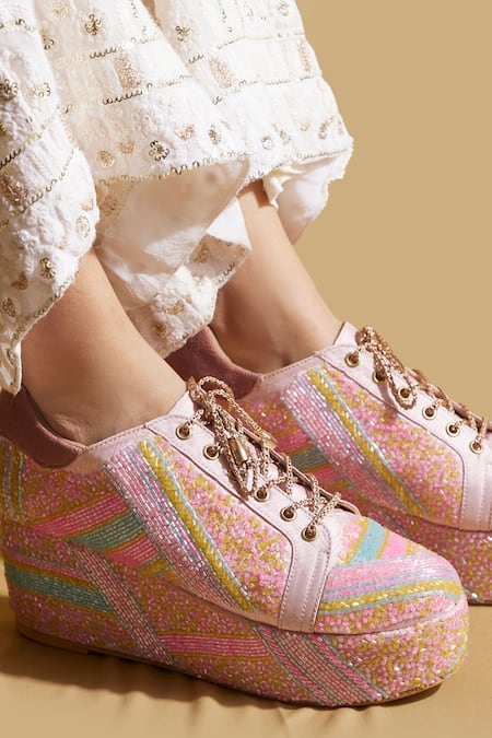 Tiesta Pink Neon Beaded Sneaker Wedges