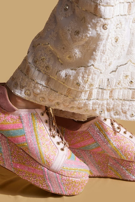 Buy_Tiesta_Pink Neon Beaded Sneaker Wedges 
