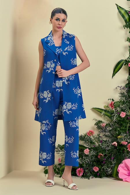 Shop_Origani_Blue Linen Embroidery Collared, Round Neck Thread Jacket Set _Online_at_Aza_Fashions