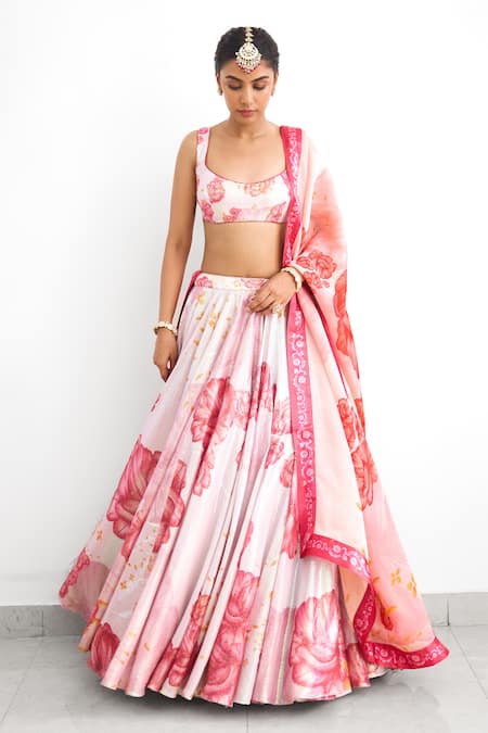 SHASHA GABA Pink Georgette Sequins Square Neck Blush Bloom Lehenga Set 