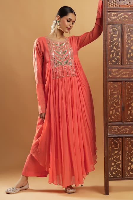 Bha Sha Orange Georgette, Shantoon Round Neck Designer Zardozi Work Kurta And Pant Set 