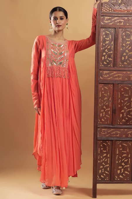 Bha Sha_Orange Georgette, Shantoon Round Neck Designer Zardozi Work Kurta And Pant Set _at_Aza_Fashions