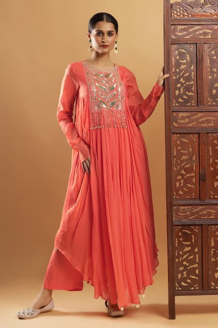 Buy_Bha Sha_Orange Georgette, Shantoon Round Neck Designer Zardozi Work Kurta And Pant Set 