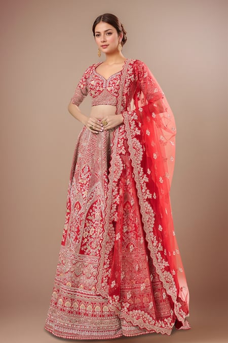 Kalighata Red Silk Tassels, Embroidery Round Neck Padmawat Lehenga Set 