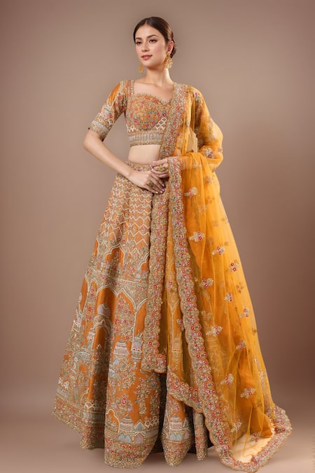 Kalighata Rust Silk Sequins, Embroidery Square Neck Lucknowi Lehenga Set 