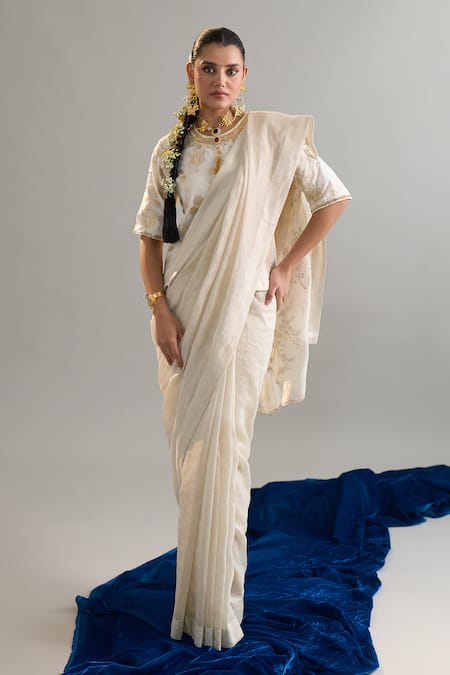 Buy_Anantaa By Roohi X AZA_Off White Chanderi, Silk Sequins, Crystals, Cut Work, Saree And Blouse Set _Online_at_Aza_Fashions