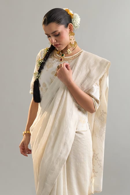 Buy_Anantaa By Roohi X AZA_Off White Chanderi, Silk Sequins, Crystals, Cut Work, Saree And Blouse Set 