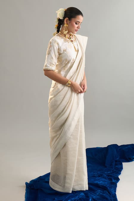 Shop_Anantaa By Roohi X AZA_Off White Chanderi, Silk Sequins, Crystals, Cut Work, Saree And Blouse Set 