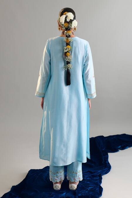 Buy_Anantaa By Roohi X AZA_Blue Silk, Chanderi Embroidery, Sequins Round Neck Light Kurta And Pant Set _Online_at_Aza_Fashions