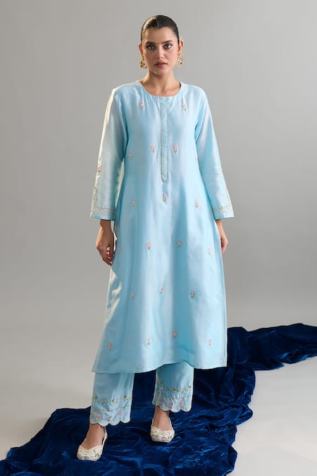 Shop_Anantaa By Roohi X AZA_Blue Silk, Chanderi Embroidery, Sequins Round Neck Light Kurta And Pant Set _Online_at_Aza_Fashions