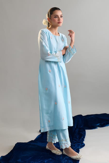 Shop_Anantaa By Roohi X AZA_Blue Silk, Chanderi Embroidery, Sequins Round Neck Light Kurta And Pant Set 