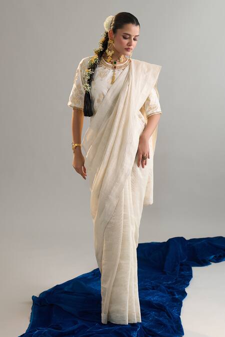 Shop_Anantaa By Roohi X AZA_Off White Sequins, Zari Round Neck Embroidered Blouse _Online_at_Aza_Fashions