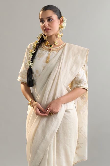 Anantaa By Roohi X AZA_Off White Sequins, Zari Round Neck Embroidered Blouse _at_Aza_Fashions