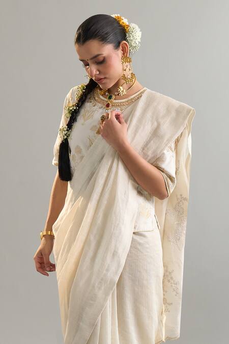 Buy_Anantaa By Roohi X AZA_Off White Sequins, Zari Round Neck Embroidered Blouse 