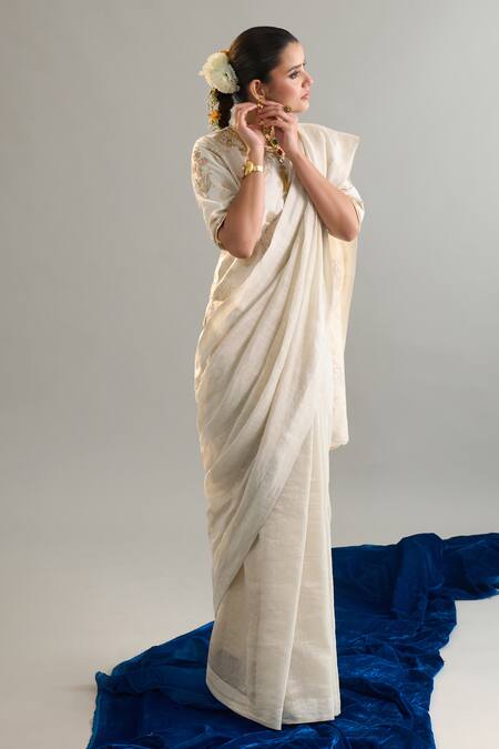 Shop_Anantaa By Roohi X AZA_Off White Sequins, Zari Round Neck Embroidered Blouse 