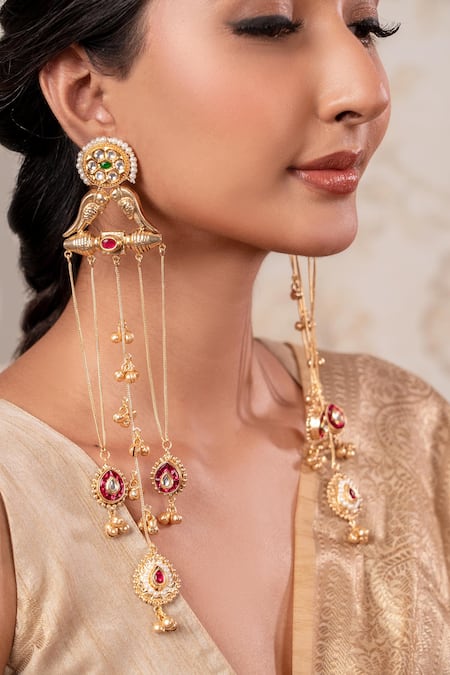 Shop Anana Gold Plated Imitation Gemstones Two Tone Designer Earrings at Aza Fashions Shop_Anana_Gold Plated Imitation Gemstones Two Tone Designer Earrings _at_Aza_Fashions