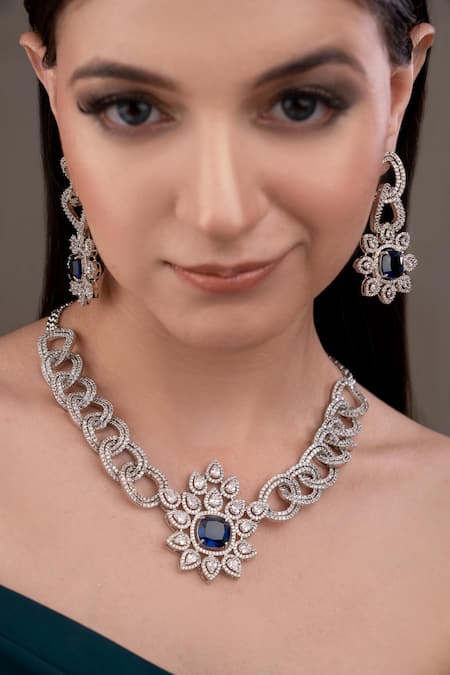Anana Blue Silver Plated Necklace & Earring Set 